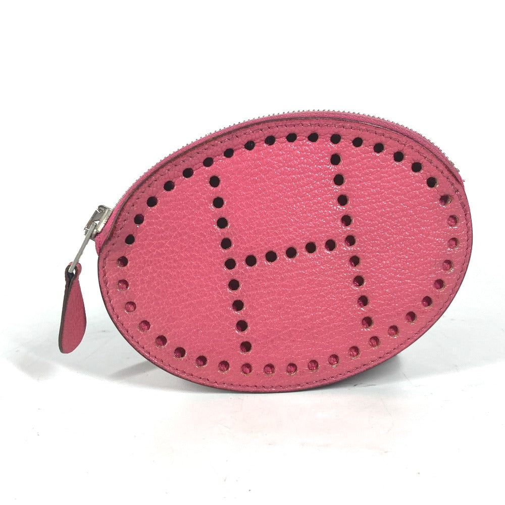 HERMES Coin case leather pink H logo Evelyn