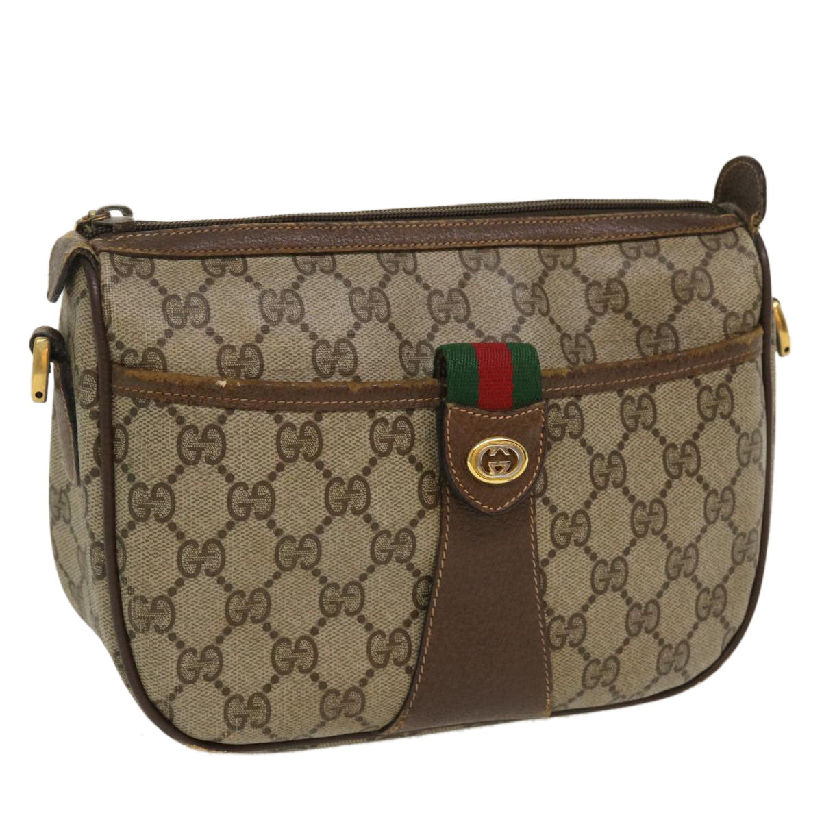 GUCCI Web Sherry Line Shoulder Bag PVC Leather Beige Green Red 36081