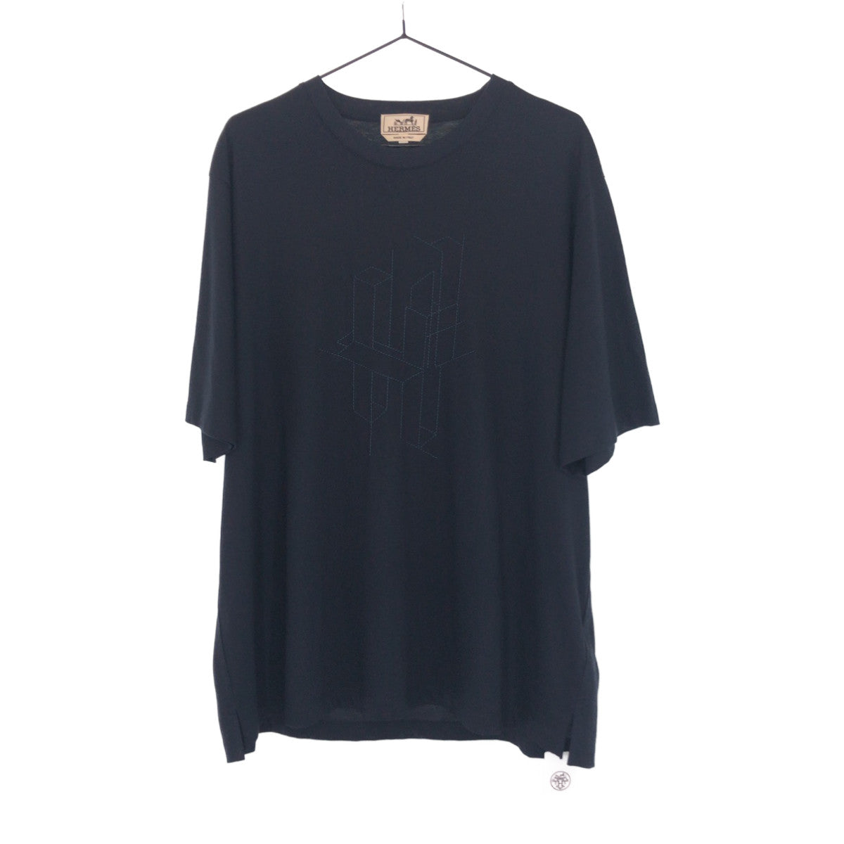 HERMES Short sleeve T-shirt cotton Navy navy blue Short Sleeve Shirts T-Shirts H logo embroidery mens XL Used