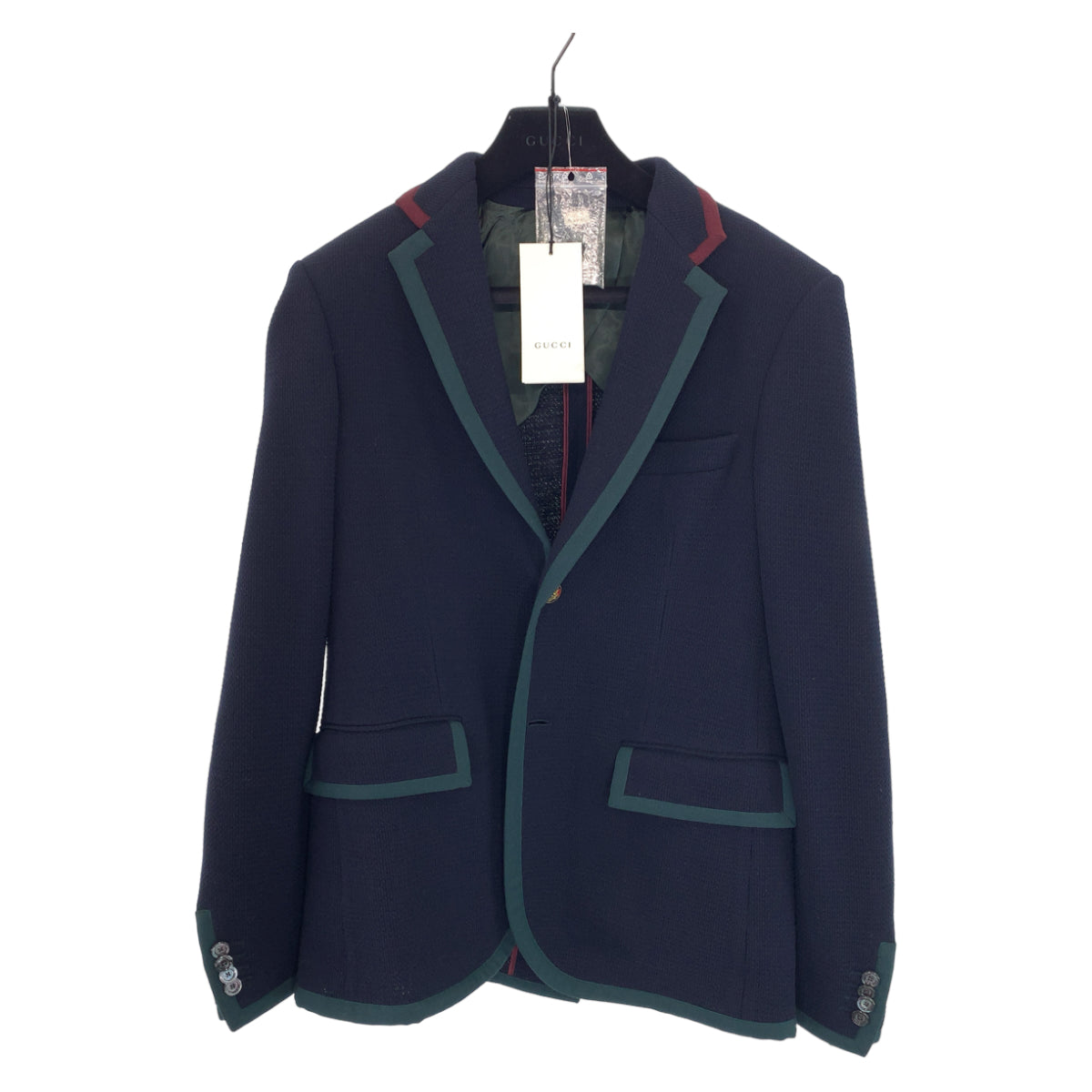 GUCCI tailored jacket 502525 wool Navy green red tailored jacket logo emblem button mens 48 Used