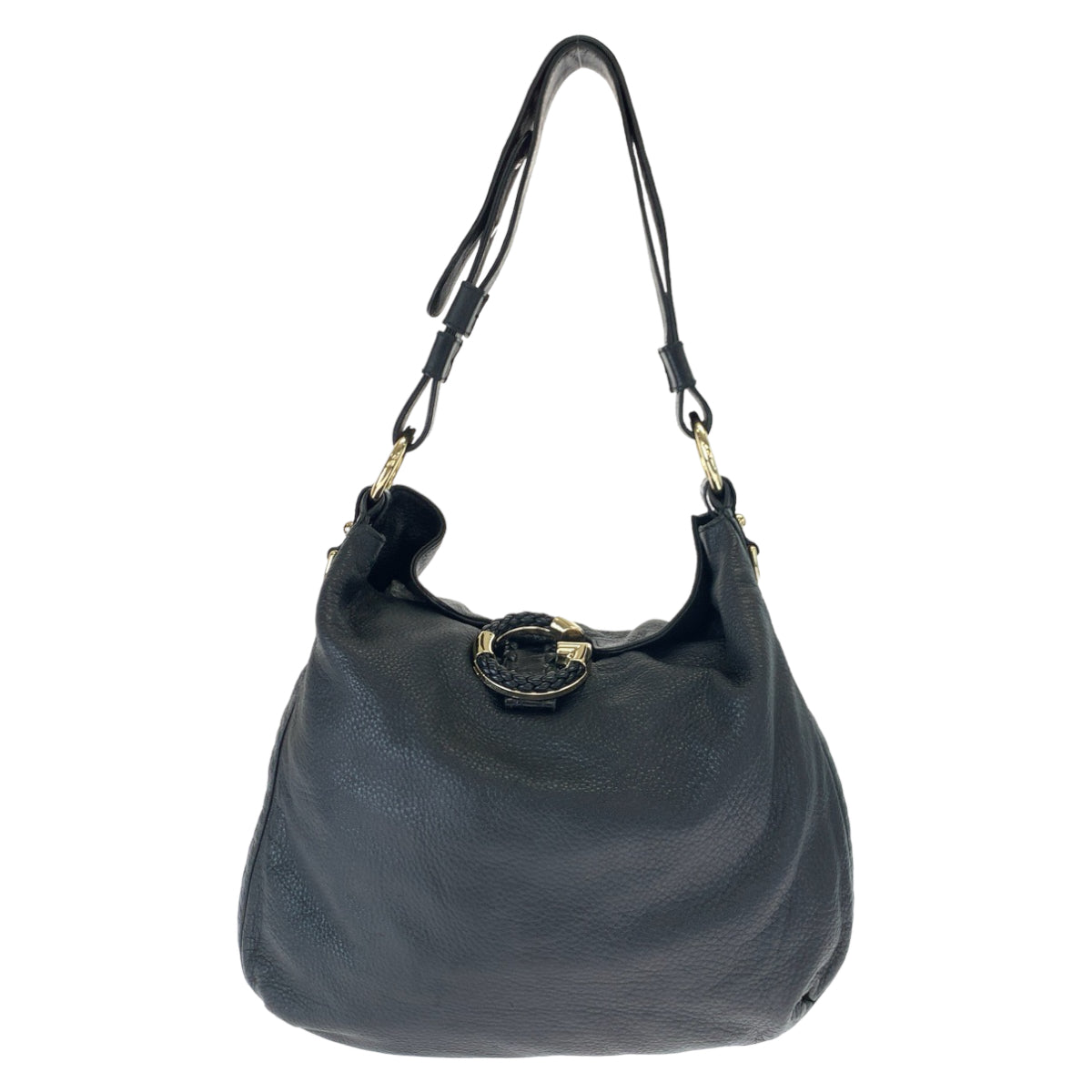 GUCCI Shoulder Bag 232931 leather Black Gold Metal Embossed Leather Shoulder Bag G Wave Hobo Women Used