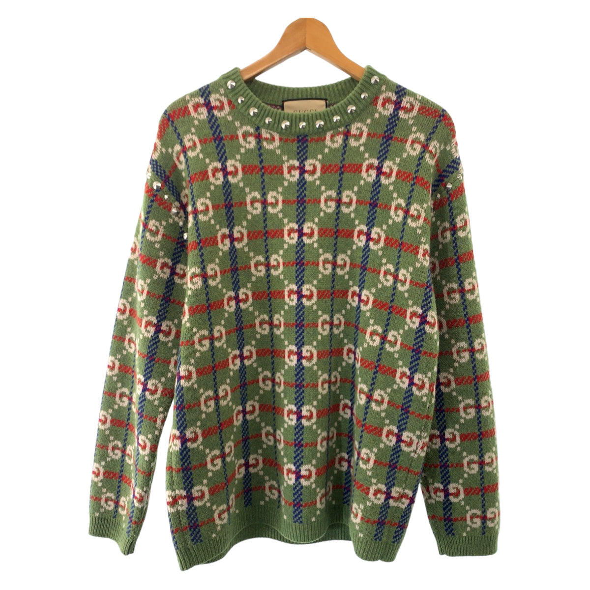 GUCCI knit 713571 XKCOZ Wool, Metal Multicolor SilverMetal Knit sweater Neck studs GG total pattern mens S Used
