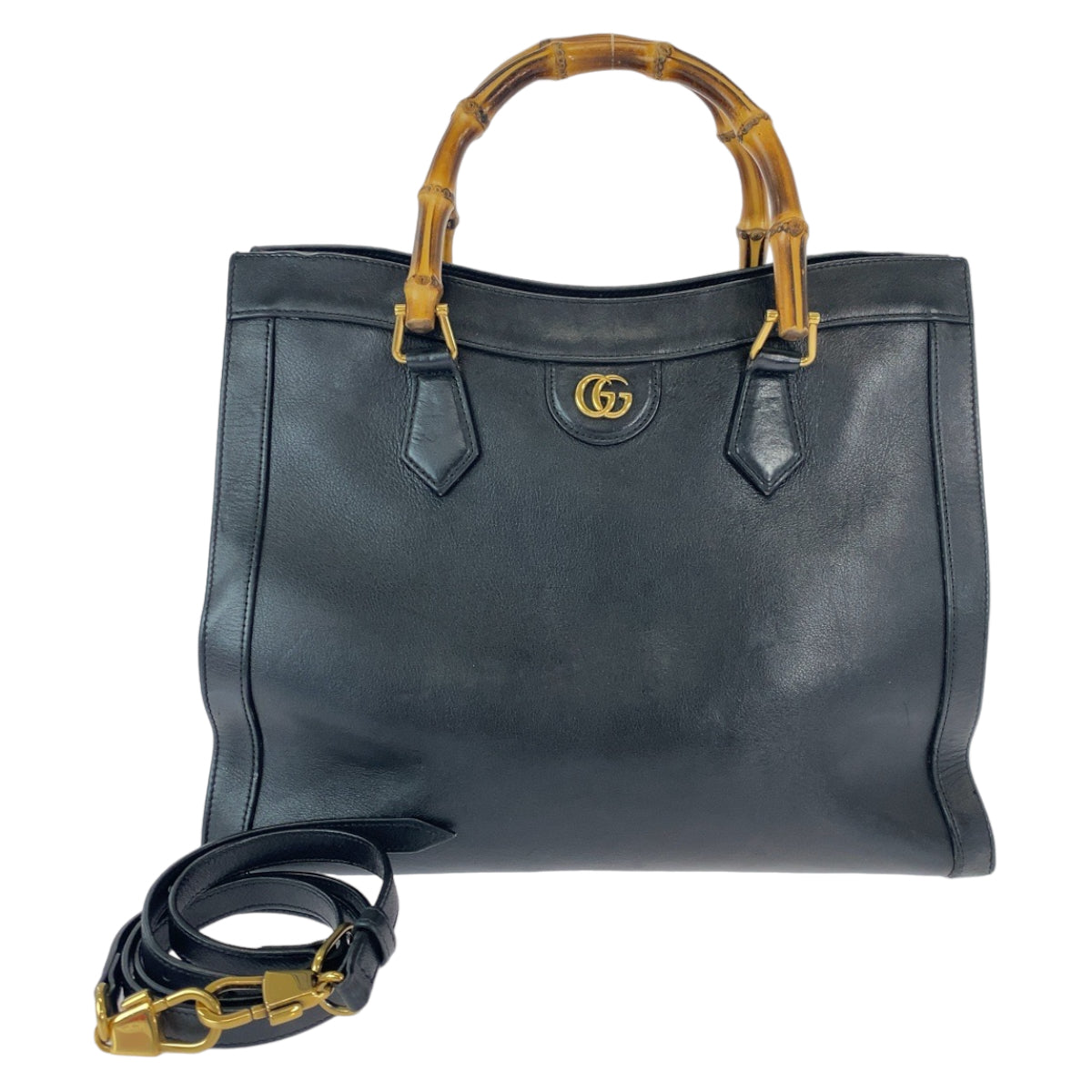 GUCCI Tote Bag 655658 leather Black GoldMetal Tote Bag Shoulder Bag Handbag 2way Bamboo Diana Women Used