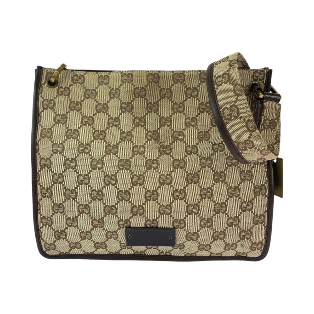 GUCCI Shoulder Bag 91762 GG canvas Beige Brown Gold Metal Shoulder Bag pochette Plate charm Women Used