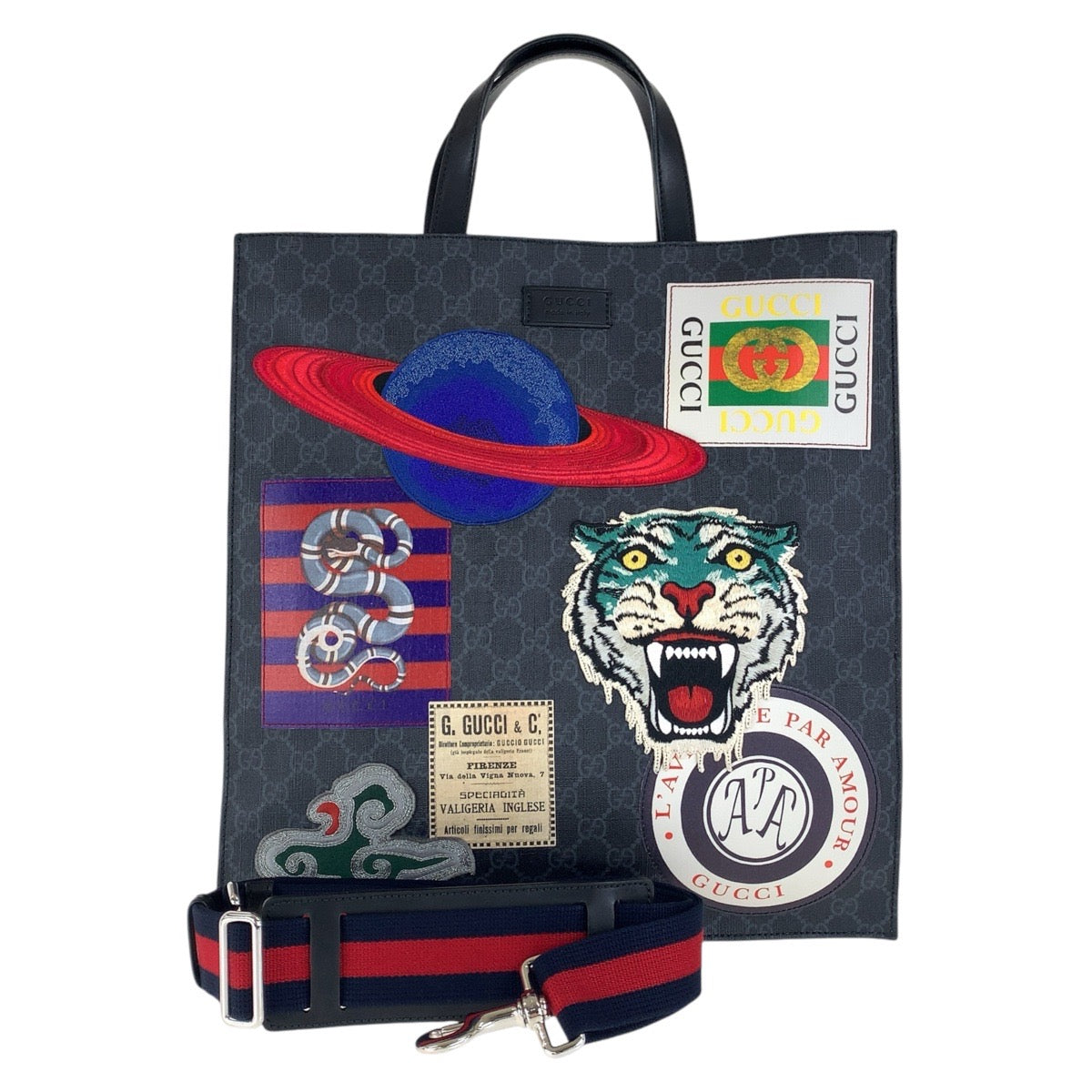 GUCCI Tote Bag 495559 GG Supreme canvas, leather Black Black Multicolor SilverMetal Tote Bag Shoulder Bag 2way Sherry Line Courier Emblem embroidery mens Used