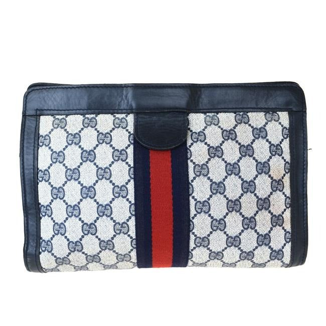 Gucci Navy Guccissima Print Coated Canvas & Navy Leather Clutch with Red & Blue Sherry Stripe & Velcro Closure