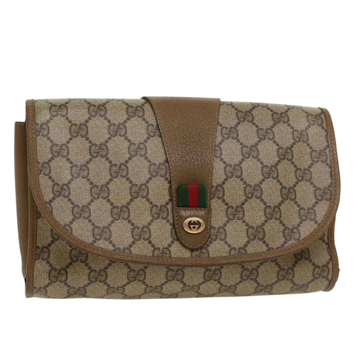 GUCCI GG Canvas Web Sherry Line Clutch Bag PVC Leather Beige Green 43092