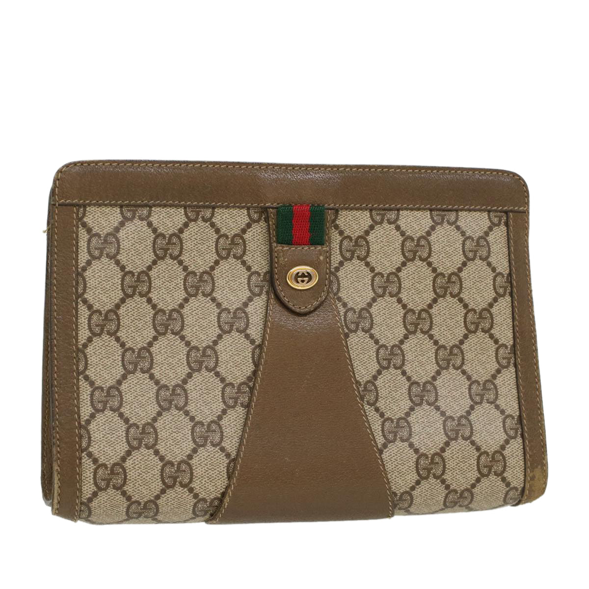 GUCCI GG Canvas Web Sherry Line Clutch Bag PVC Leather Beige Red 43908