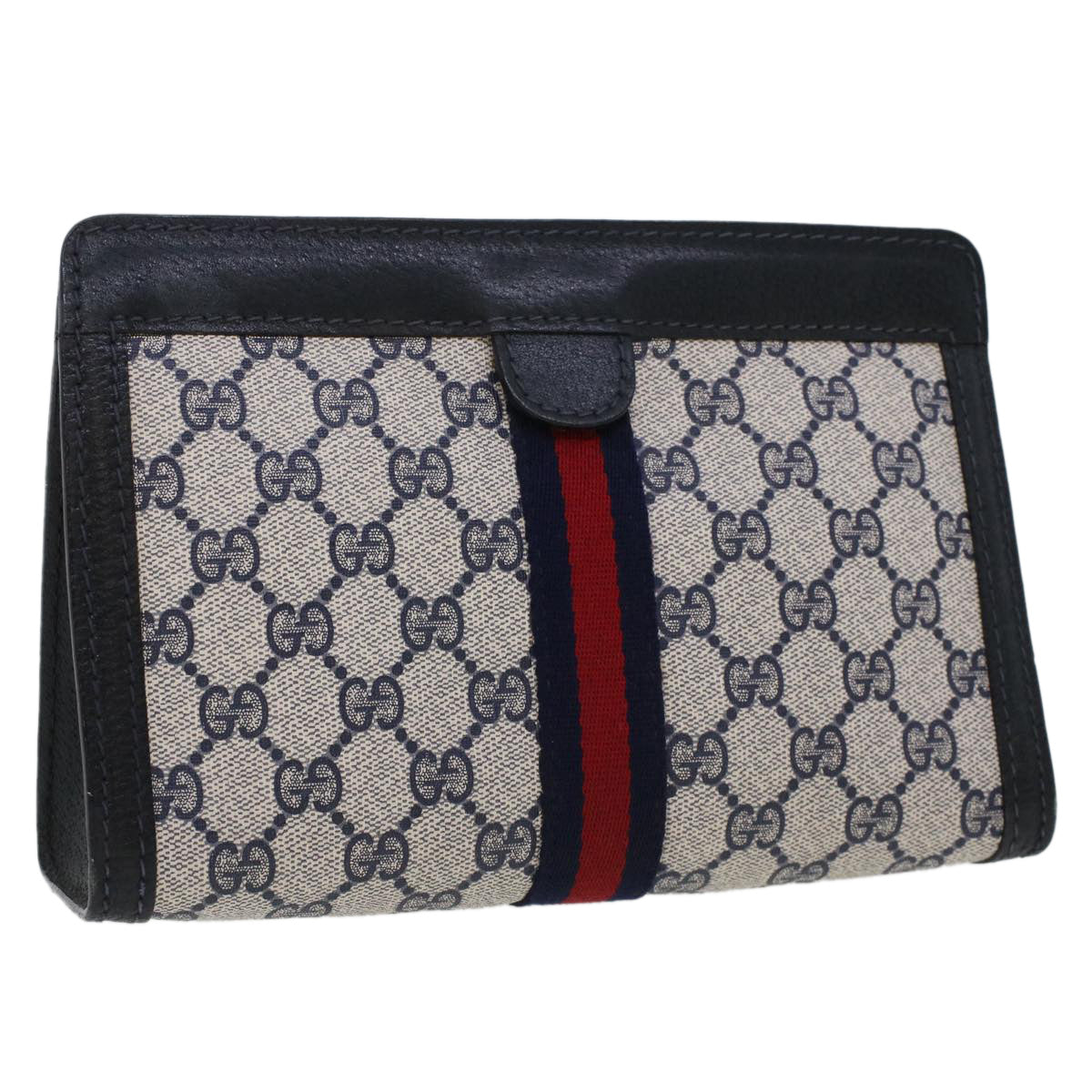 GUCCI GG Canvas Sherry Line Clutch Bag Gray Red Navy 64.014.2125.23 44752