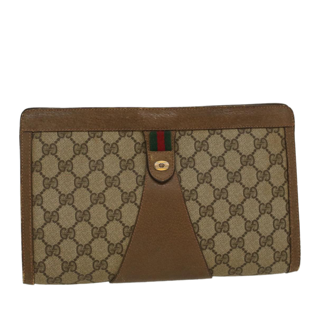 GUCCI GG Canvas Web Sherry Line Clutch Bag PVC Leather Beige Red 45600