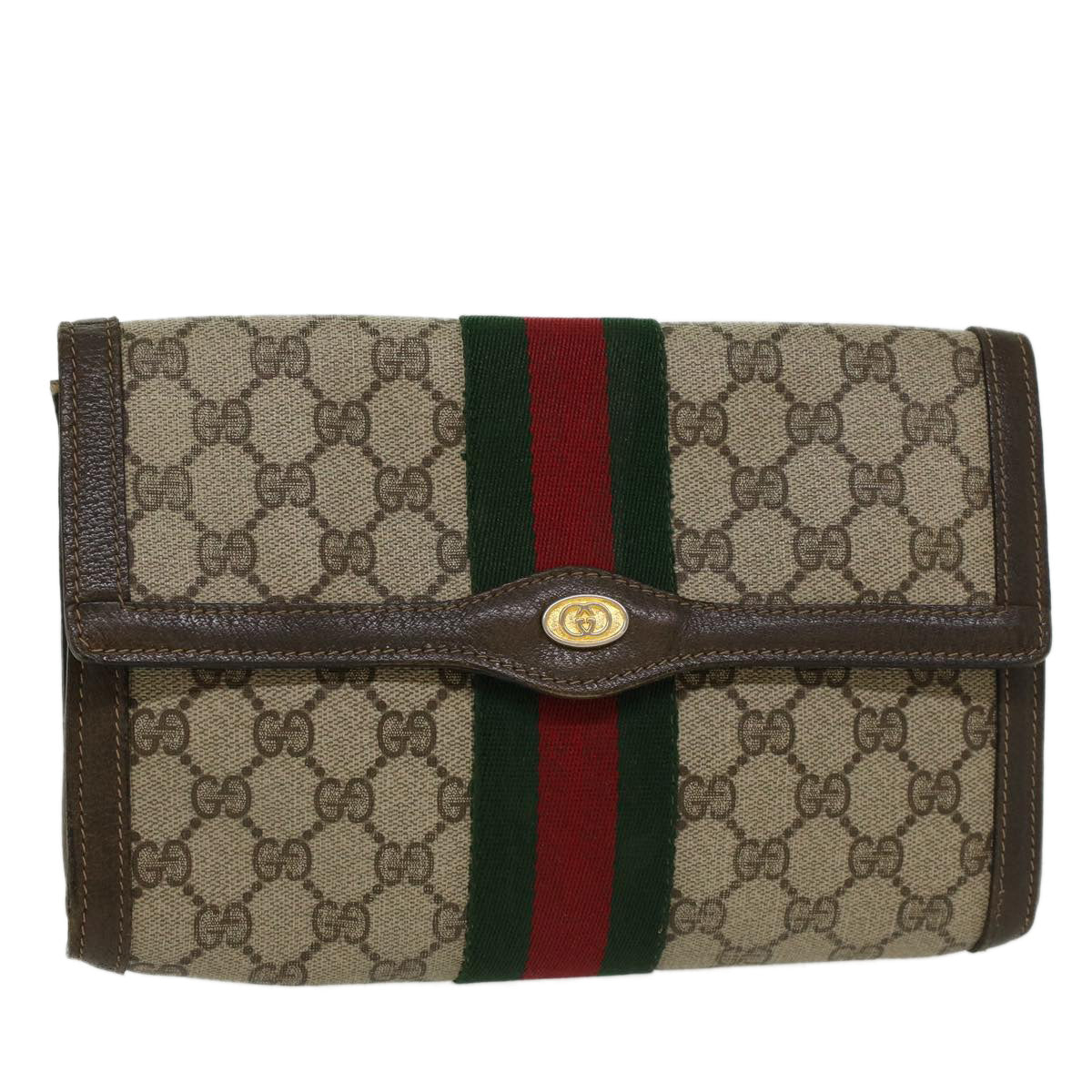 GUCCI GG Canvas Web Sherry Line Clutch Bag PVC Leather Beige Red 45601