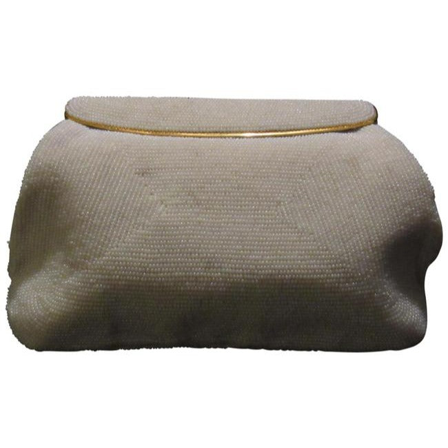 Gucci Vintage Iridescent Pearl Seed Bead With A Hinged Top White Plastic Clutch