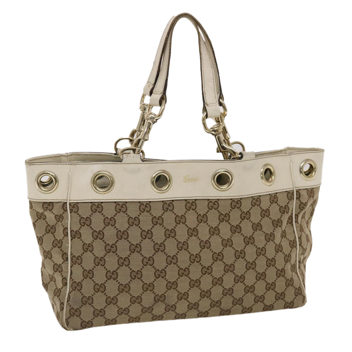 GUCCI GG Canvas Tote Bag Canvas Leather Beige White 162879 49289