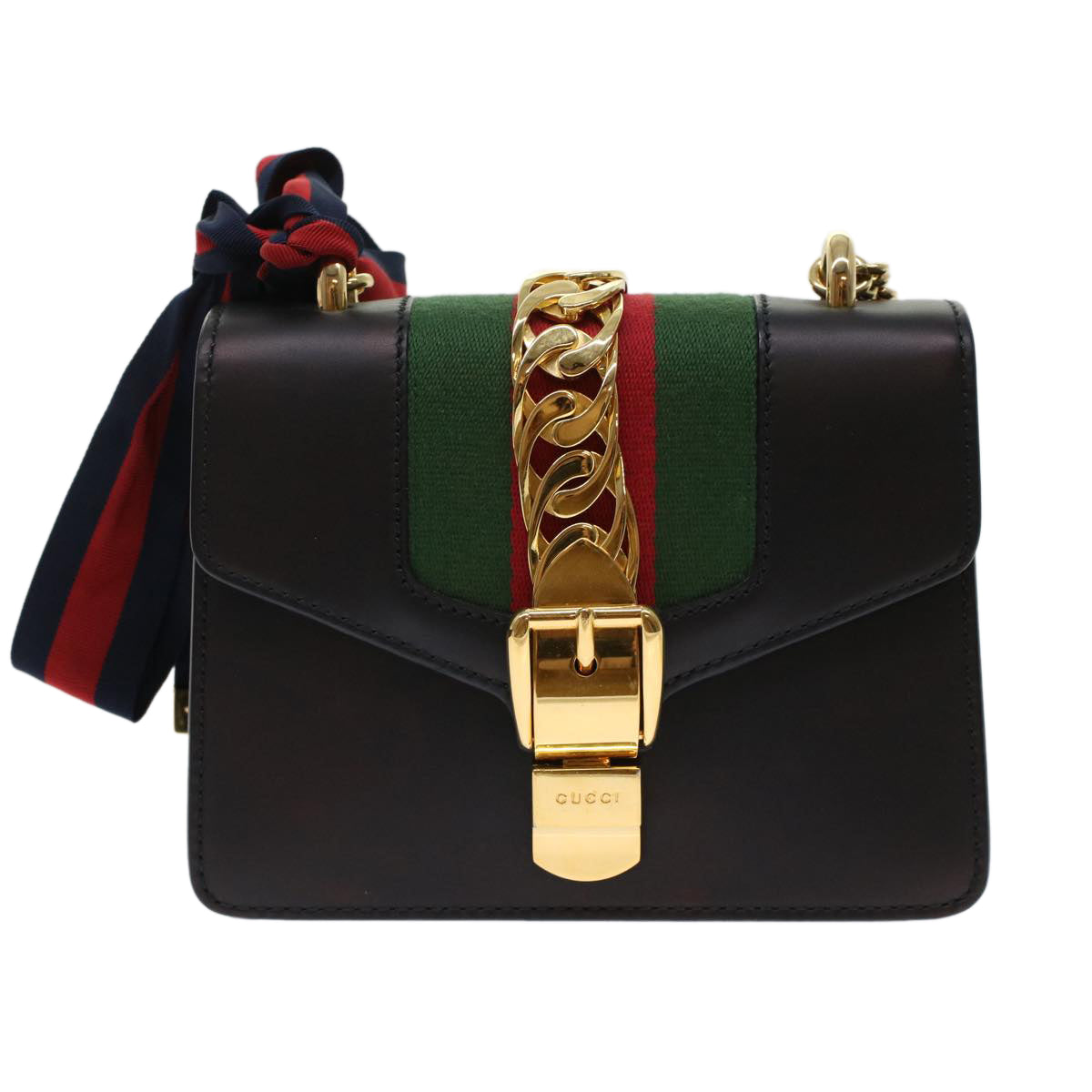 GUCCI Web Sherry Line Chain Silvi Shoulder Bag Leather Black 431666 49437A