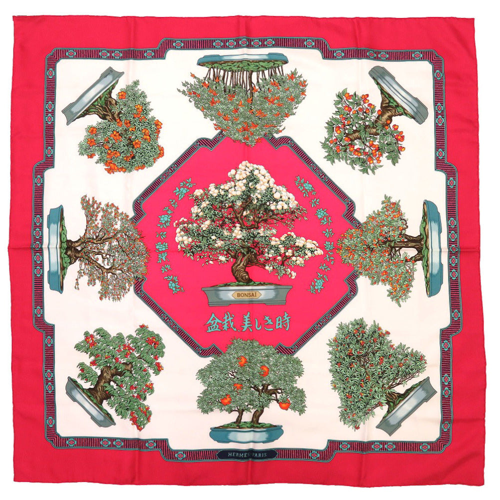 HERMES scarf silk Red Carre90 Bonsai Beautiful Town