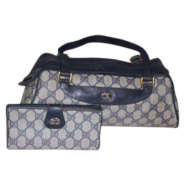 Gucci Large Logo Print Shades Of Blues Coated Canvas And Leather Satchel