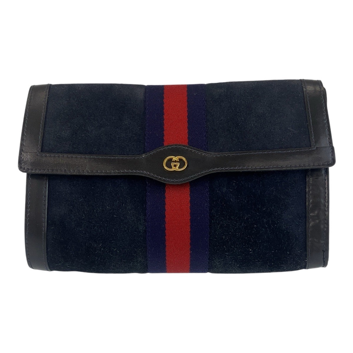 GUCCI Clutch bag Suede, Leather Navy Gold Metal Sherry line Women Used