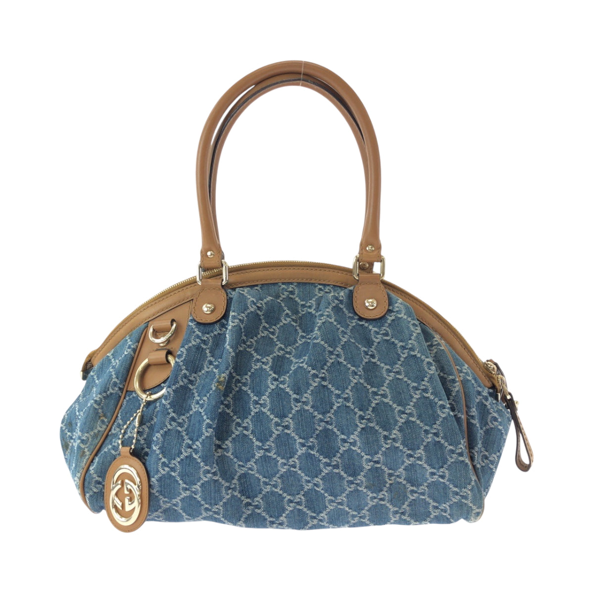 GUCCI Handbag denim Blue Brown Gold Metal Handbag Tote Bag Shoulder Bag Sukey Women Used