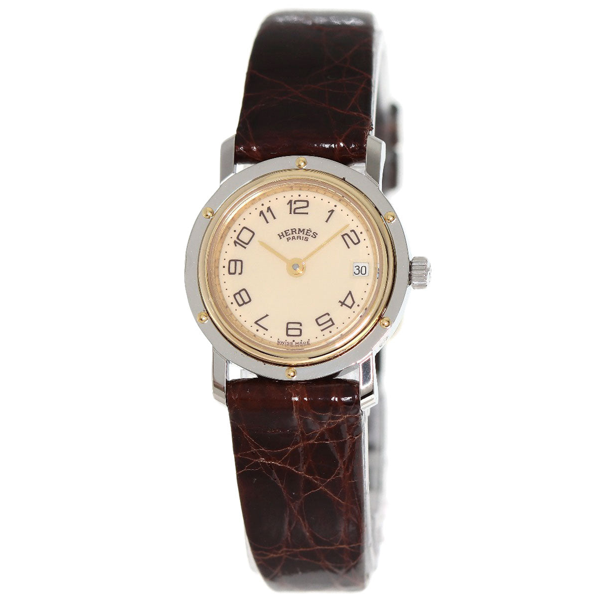 HERMES Watches Quartz Stainless Steel, Leather gold Clipper Ivory dial Women Used