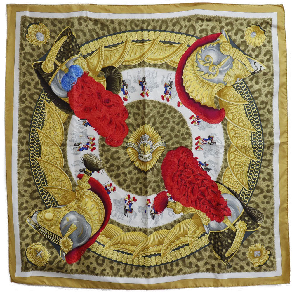 HERMES scarf silk yellow helmet and feather CASQUES et PLUMETS Carre90 Women Used
