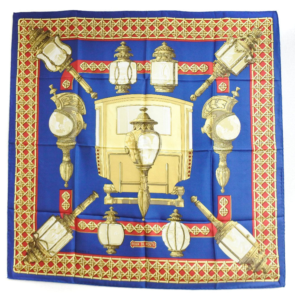 HERMES scarf silk Red / yellow / blue FEUX DE ROUTE Carre90 Women Used