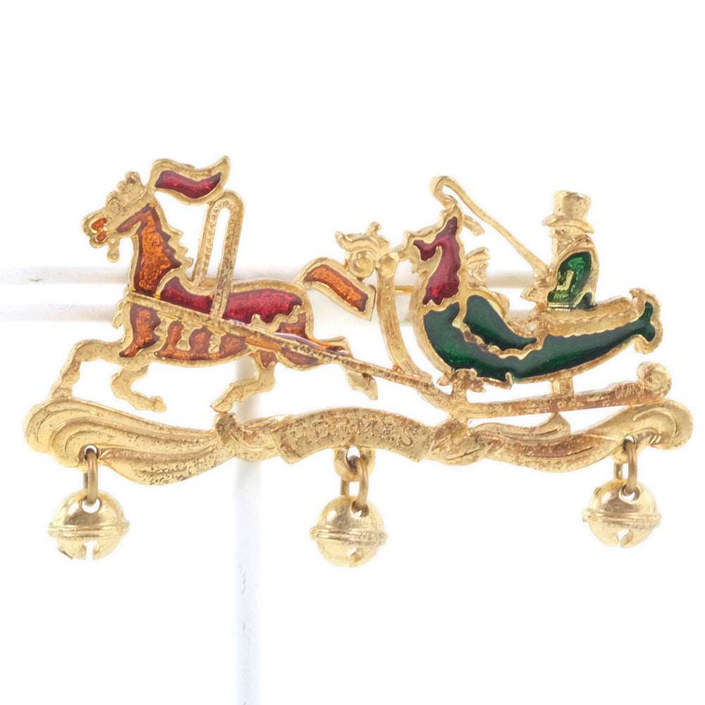 HERMES Brooch Plated Gold Red, Green, Orange Carriage Women Used