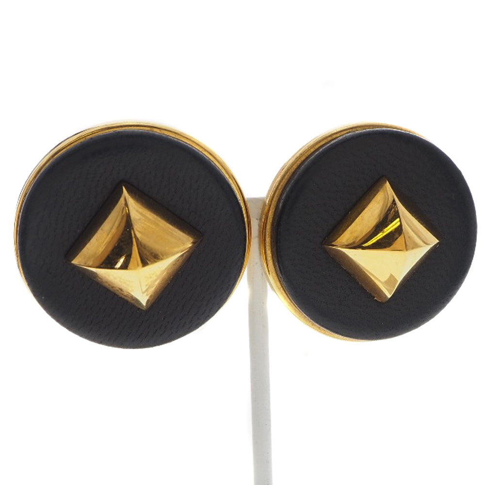 HERMES Earring Plated Gold , Leather gold Medor Women Used