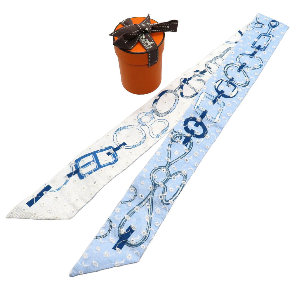 HERMES scarf silk blue Twilly de les Boucles Broderie Anglaise