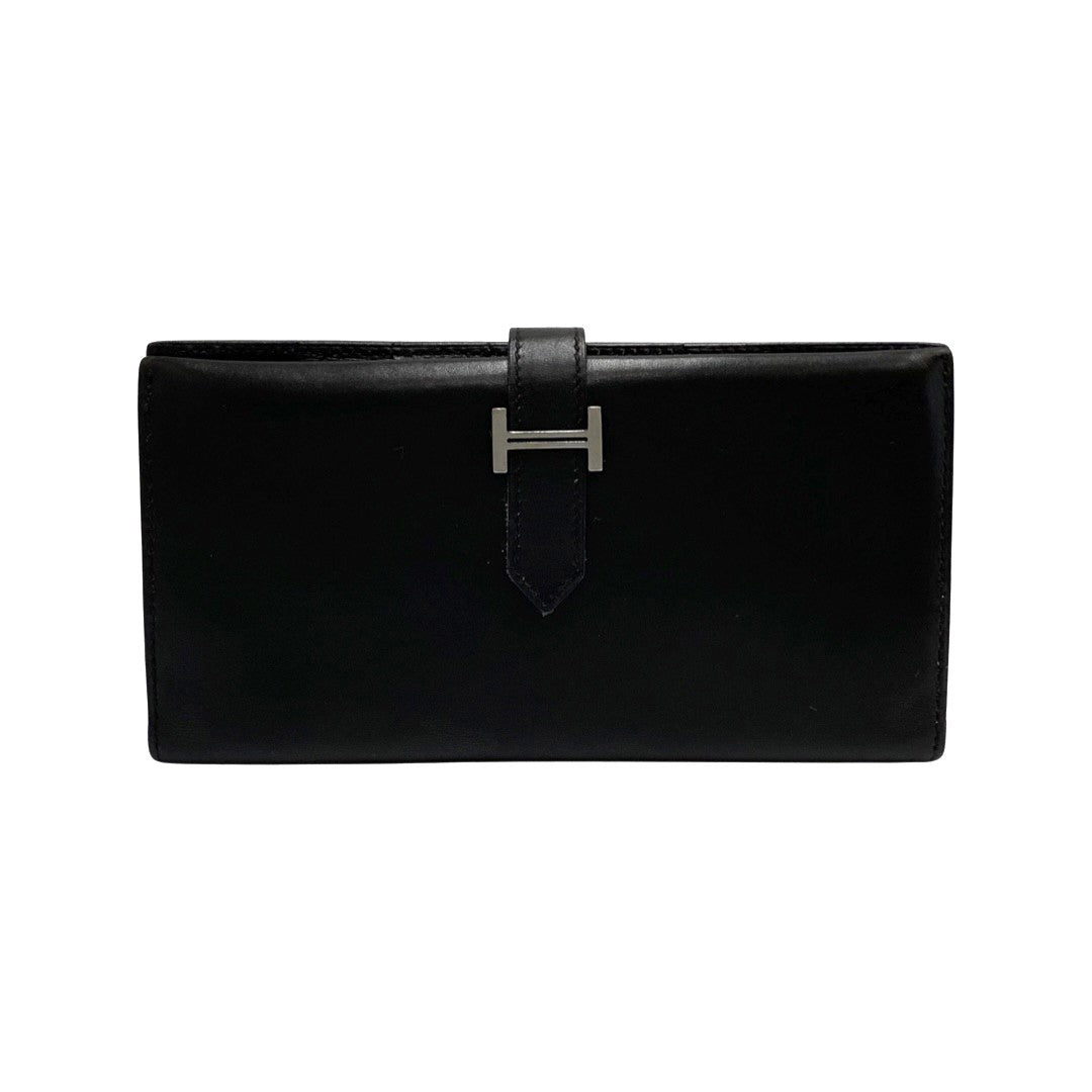 HERMES Long Wallet Purse Calfskin black Bean