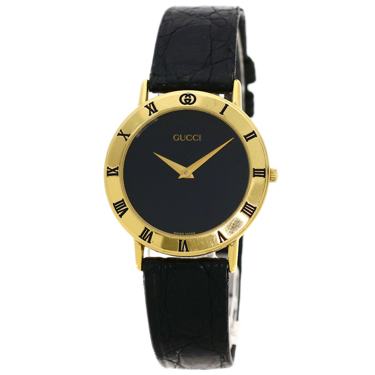 GUCCI Watches Quartz 3000.2M Gold Plated, Leather gold Round face black dial mens Used