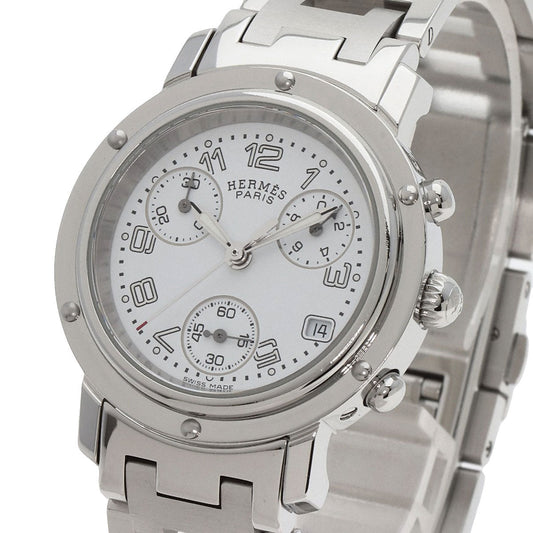 HERMES Watches Quartz CL1.310 Stainless Steel , Stainless Steel Silver Clipper Chronograph New Buckle white dial Women Used