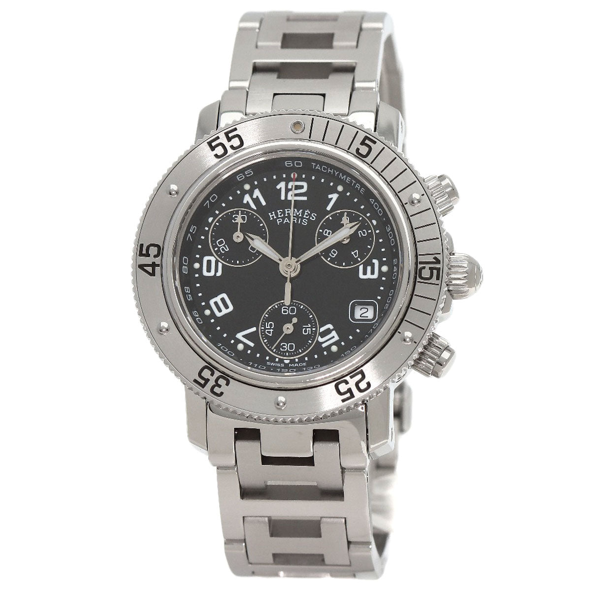 HERMES Watches Quartz CL2.310 Stainless Steel , Stainless Steel Silver Clipper Diver Chronograph black dial Women Used