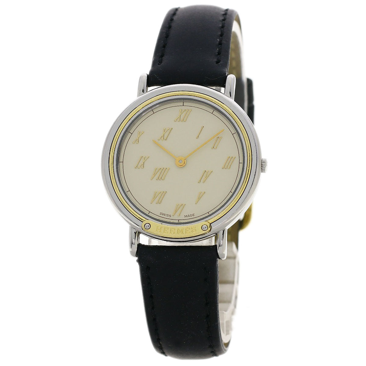HERMES Watches Quartz Combination, Leather Silver Meteor Ivory dial mens Used