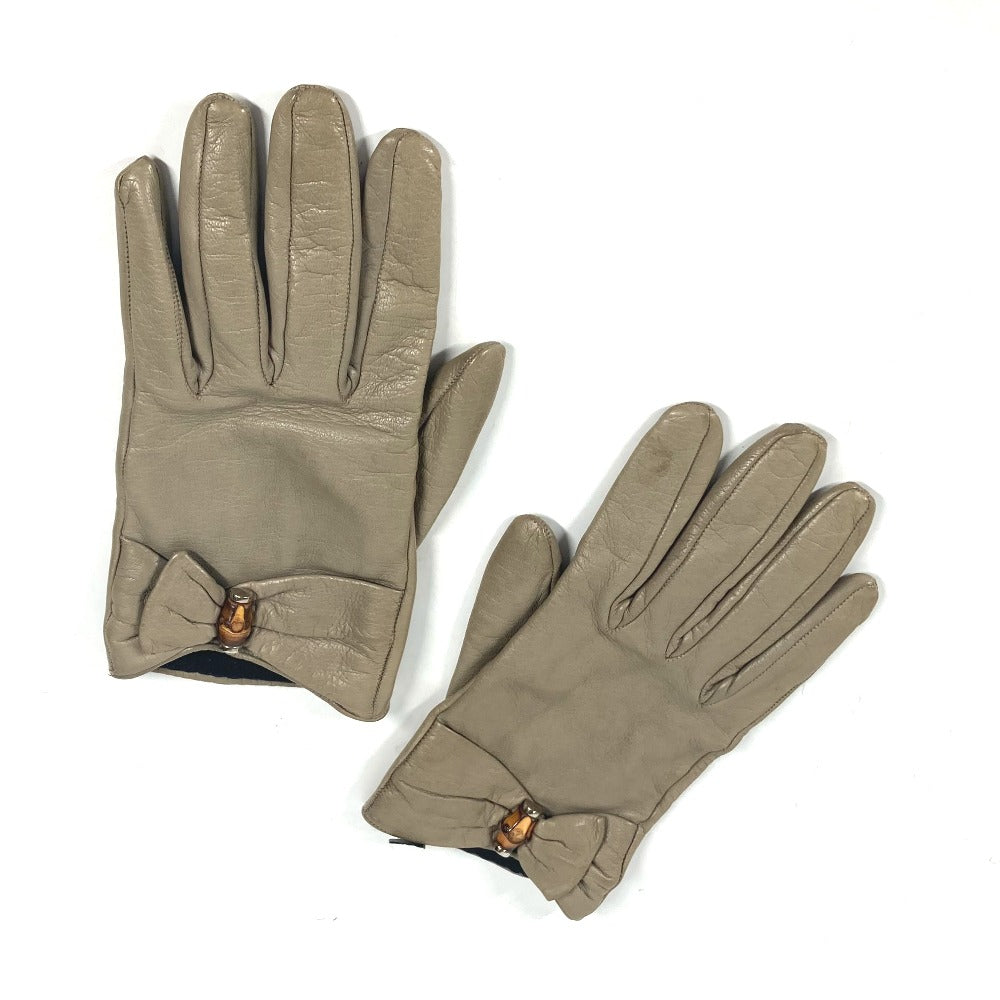 GUCCI gloves leather beige Ribbon Wood Bamboo 7