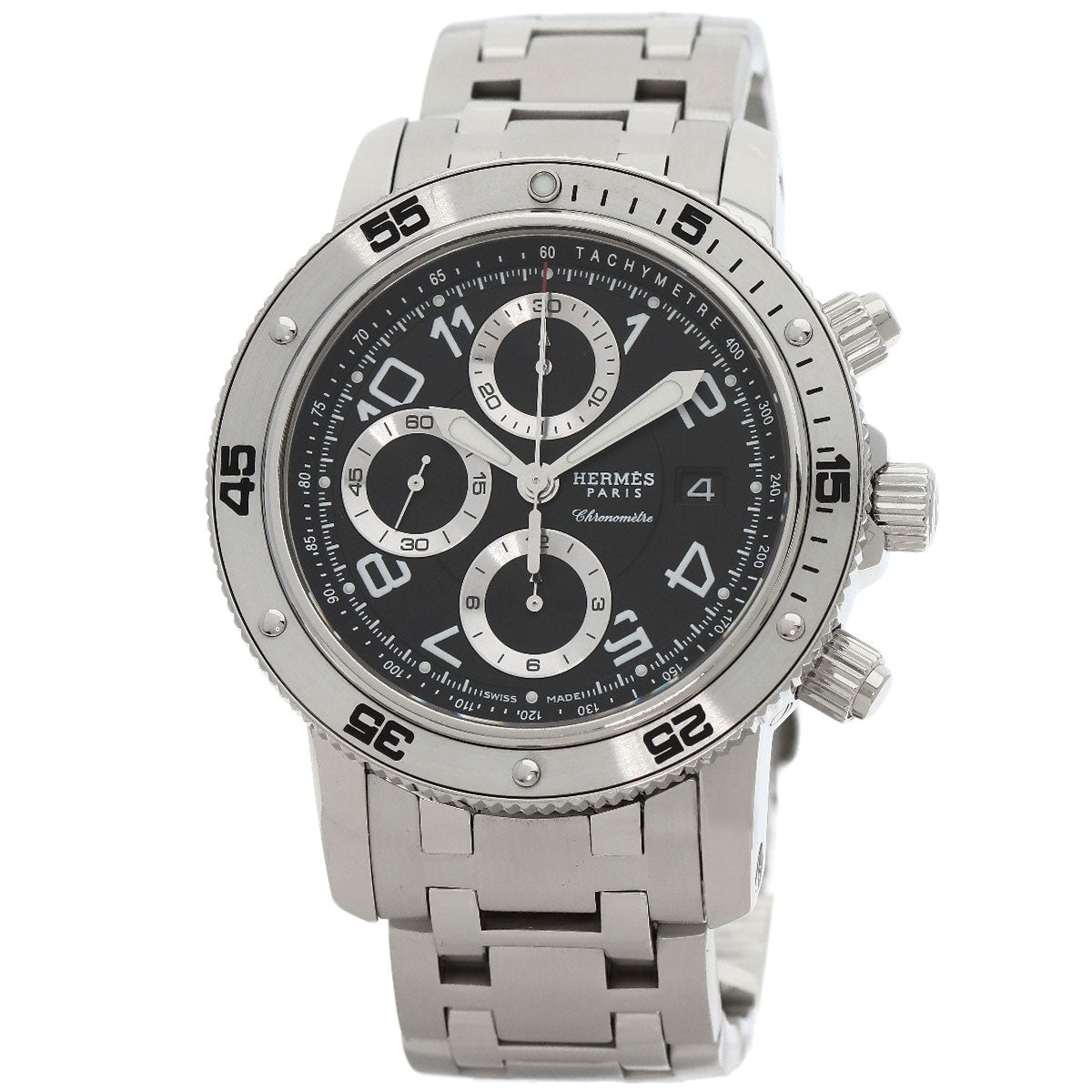 HERMES Watches Mechanical Automatic CP2.910 Stainless Steel , Stainless Steel Silver Clipper Mechanical Diver Chronograph black dial mens Used