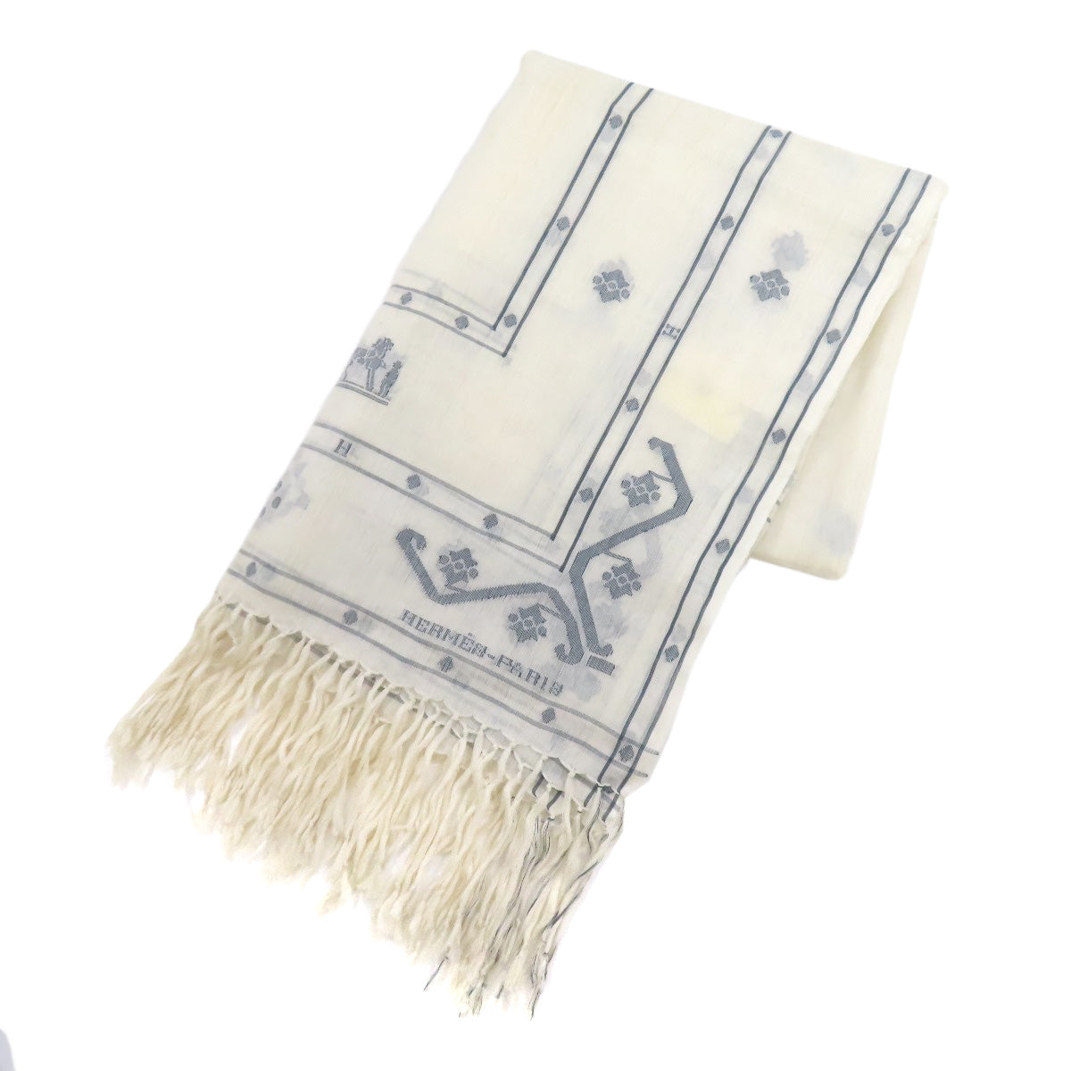 HERMES Stall Silk, Cotton white Carriage Pattern Women Used