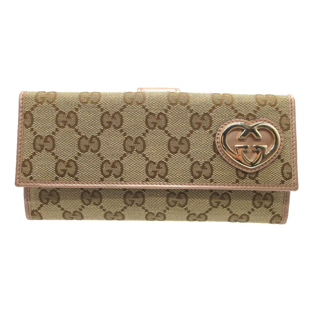 GUCCI Long Wallet Purse 245723 GG canvas, leather beige W Hook Wallet Lovely heart Women Used