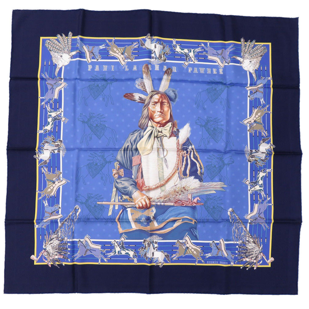HERMES scarf silk Navy Carre90 Double Face Scarf Pani la Shar Pawnee double face scarf Pawnee chief