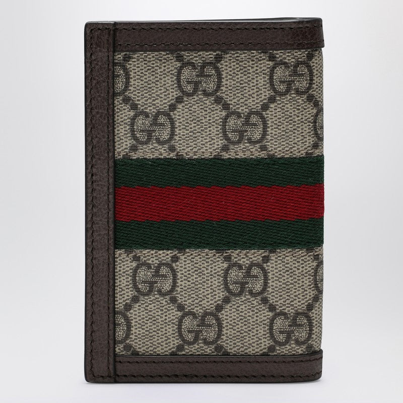 Gucci Ophidia Card Case In Beige And Ebony Gg Supreme Fabric Men