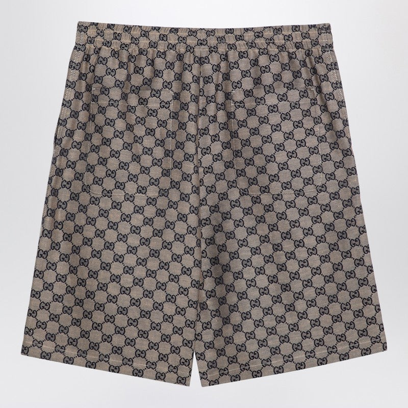 Gucci Shorts With Beige And Blue Gg Motif In Linen Blend Men