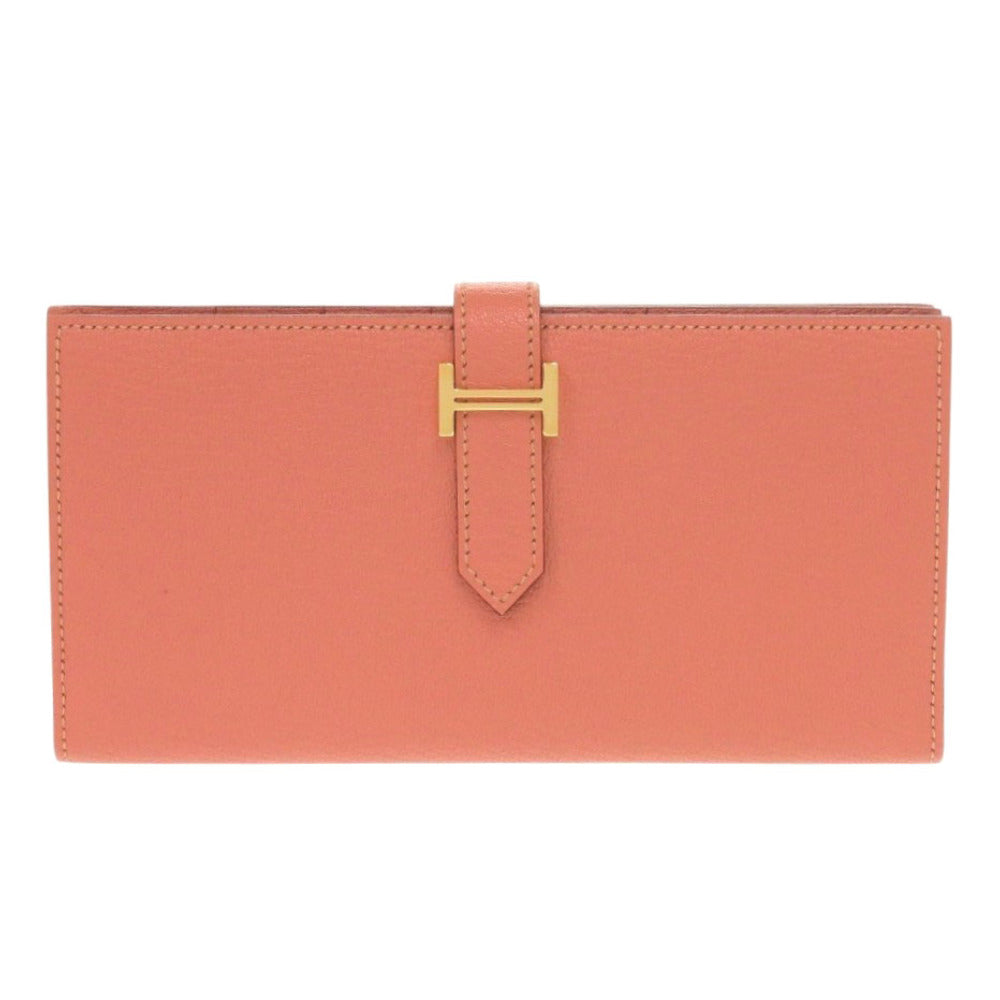 HERMES Long Wallet Purse Taurillon Clemence Rose tea Beansufla Women Used
