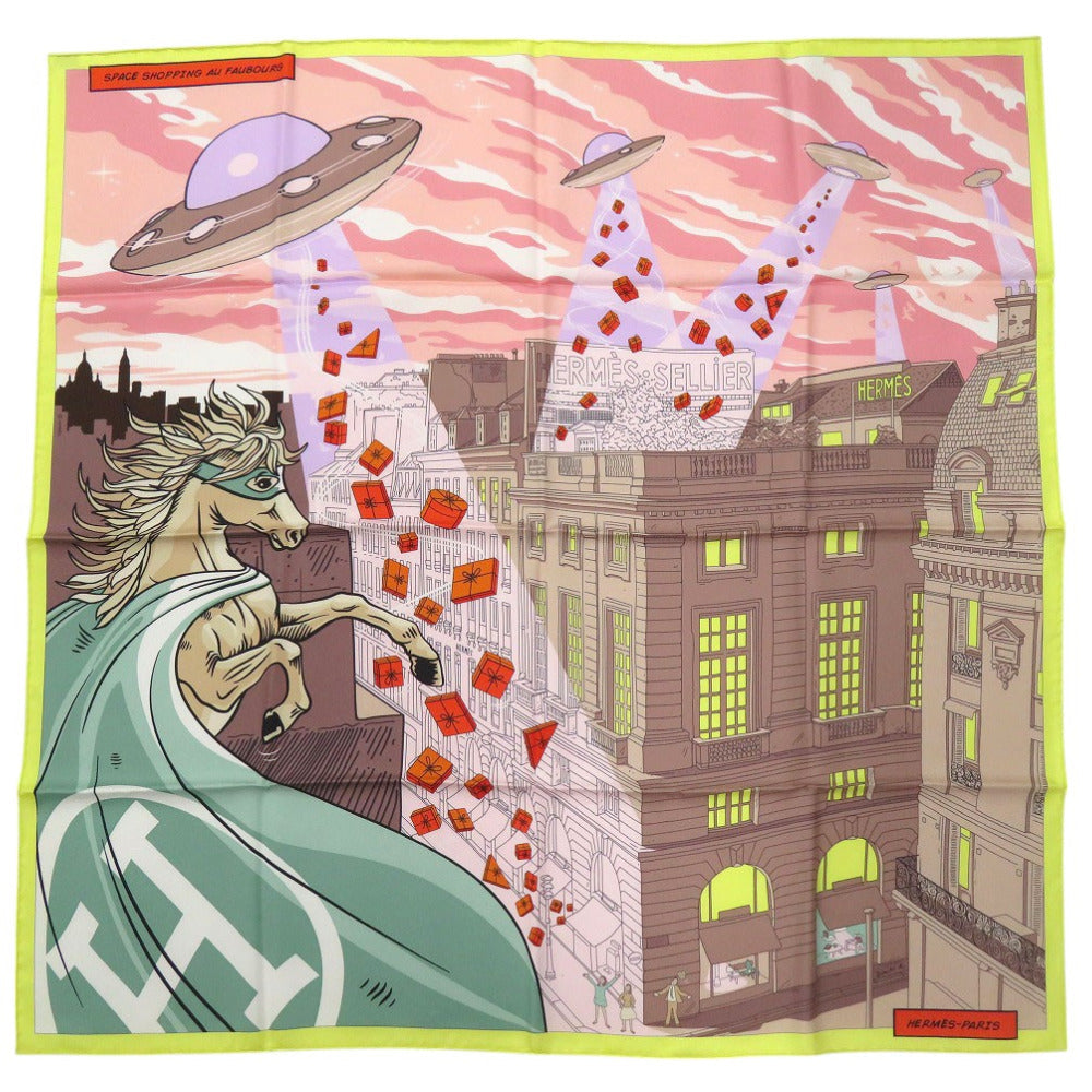 HERMES scarf silk multicolor Carre90 Space Shopping au Faubourg City and UFOPattern Space Shopping au Faubourg