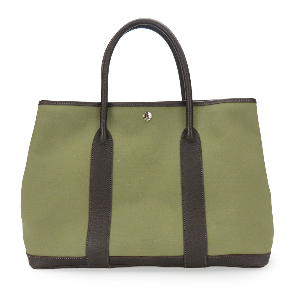 HERMES Tote Bag Canvas, Leather Khaki green Garden party PM unisex(Unisex) Used