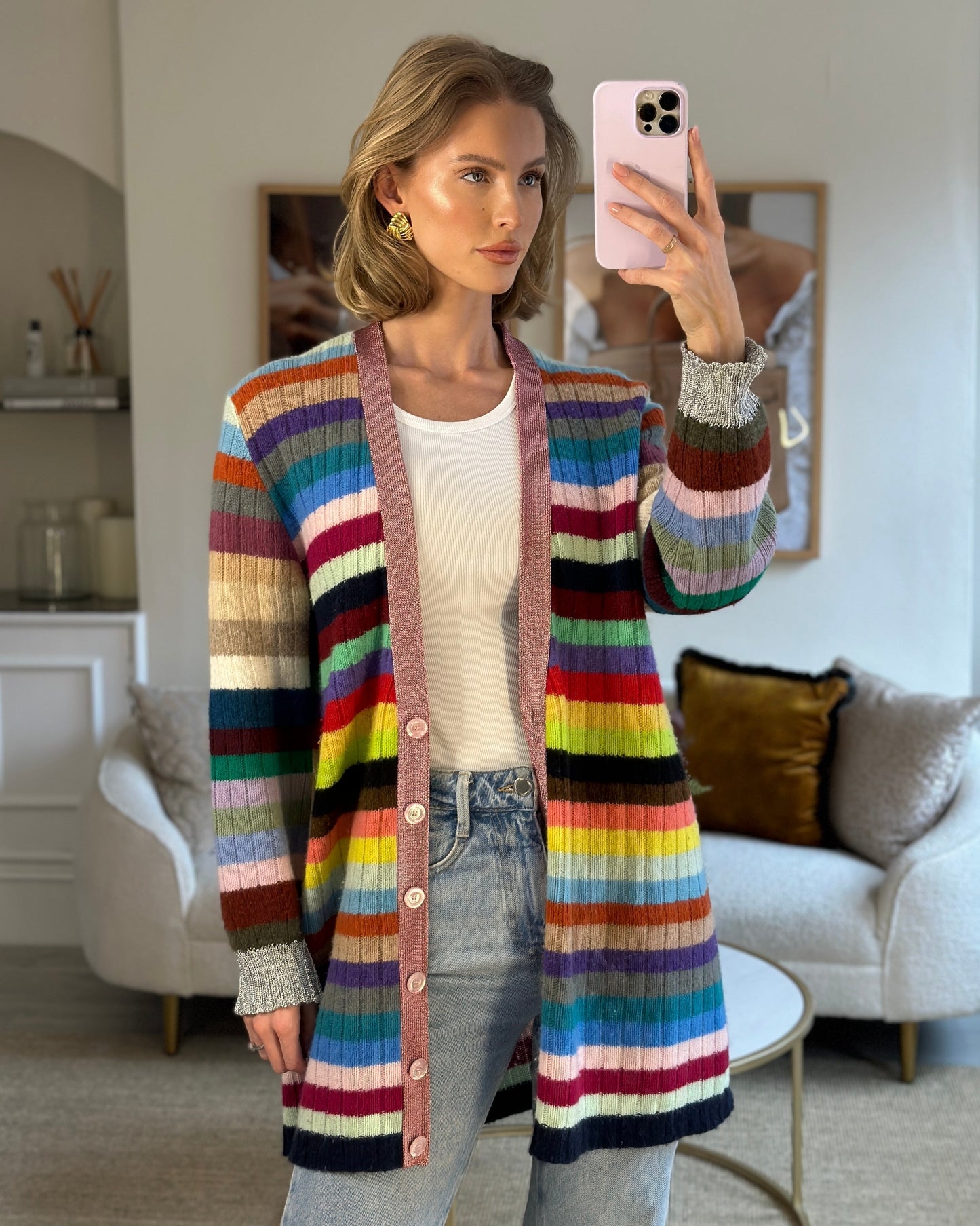 Gucci Multicoloured Cashmere Cardigan with Metallic Cuff & Collar Detail Size XL (UK 10-14)