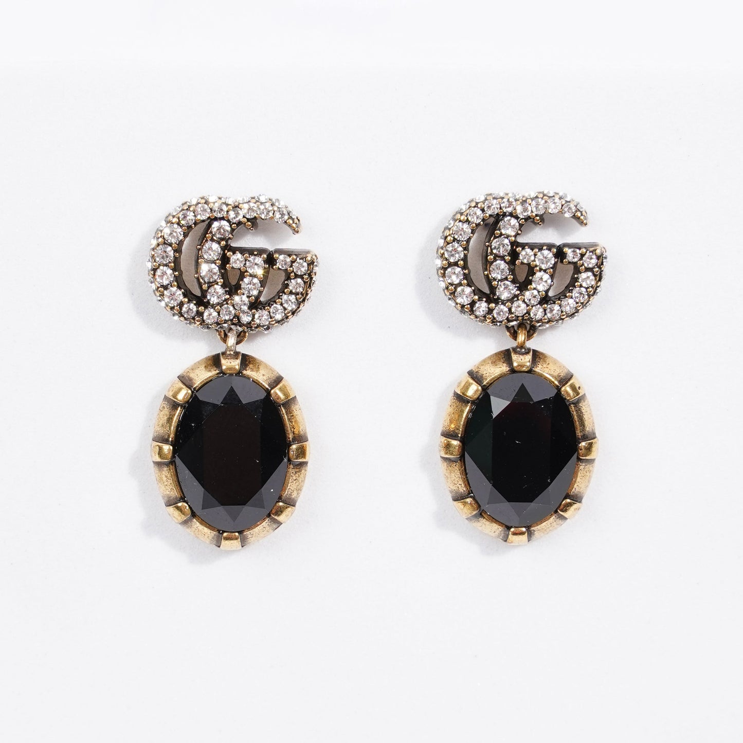Gucci Womens GG Pendant Earrings Black / Gold Finish Base Metal / Rhinestone