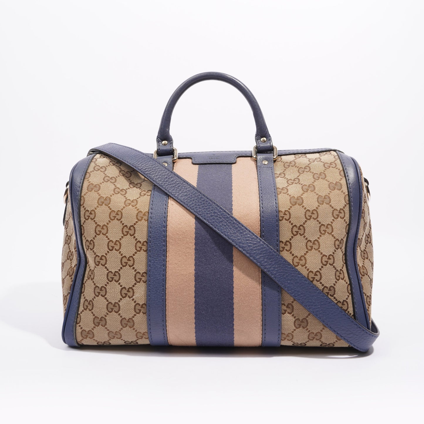 Gucci Womens Vintage Web Boston Bag Beige Blue Nude Medium