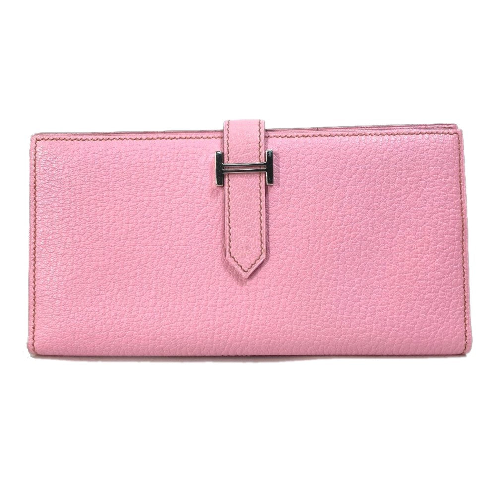 HERMES Long Wallet Purse Shave pink Long Wallet HMetal Bane Souffle Women Used
