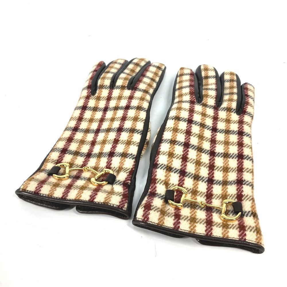 GUCCI Glove 603635 Wool/Cashmere, Leather Brown check Horsebit 7 S