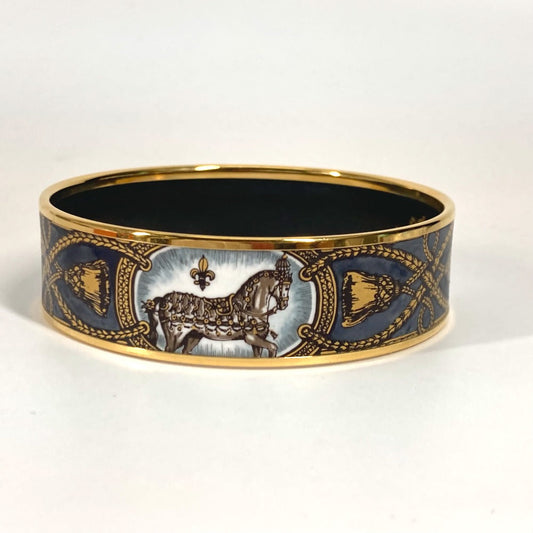 HERMES Bangle Cloisonne Black x Gold Horse horse Emaille GM Women Used