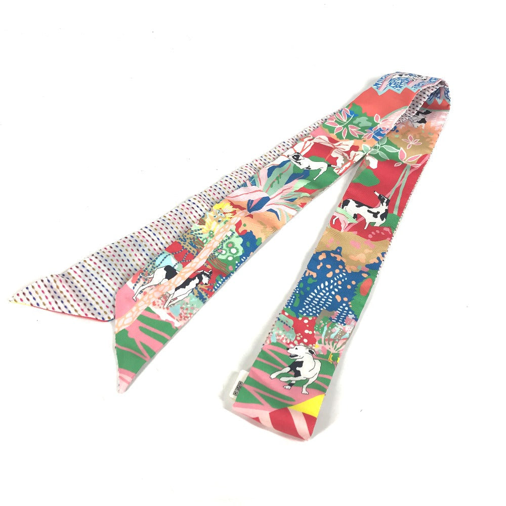 HERMES scarf silk multicolor Embroidery dog puppy dog Twilly Twins Women Used